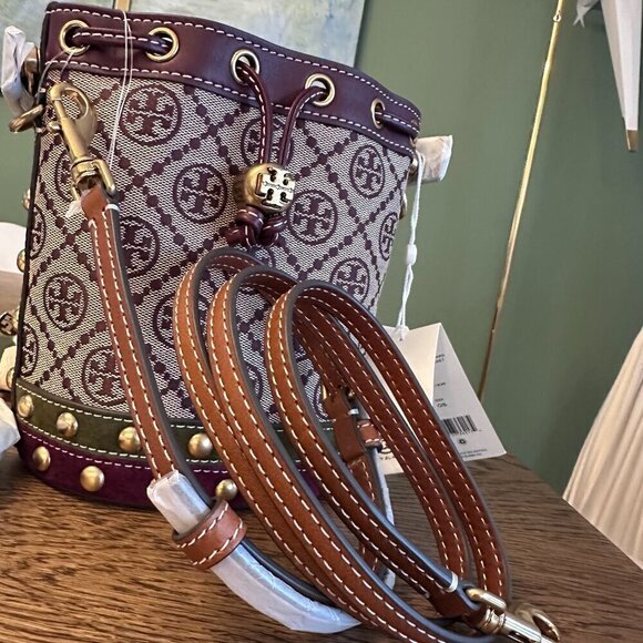 NWT! NEW Tory Burch T Monogram Jacquard Studded Mini Bucket Bag -multi leather - Picture 10 of 10